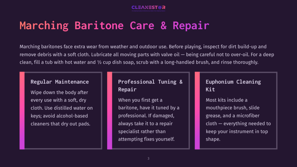 3 Marching Baritone Care And Repair Marching Baritone Care &Amp; Repair: Sections On Regular Maintenance, Professional Tuning &Amp; Repair, And Euphonium Cleaning Kit With Tips For Baritone Upkeep.