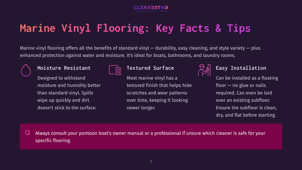 Marine Vinyl Flooring: Key Facts &Amp; Tips. Sections On Moisture Resistant, Textured Surface, And Easy Installation. Includes A Caution About Consulting Pontoon Boat Manuals.