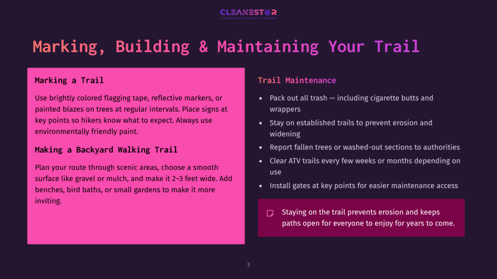 3 Marking Building And Maintaining Your Trail Dark Purple Background With A Pink Rectangle On The Left Detailing How To Mark And Maintain Trails. A White Text Box On The Right Lists Trail Maintenance Tips.