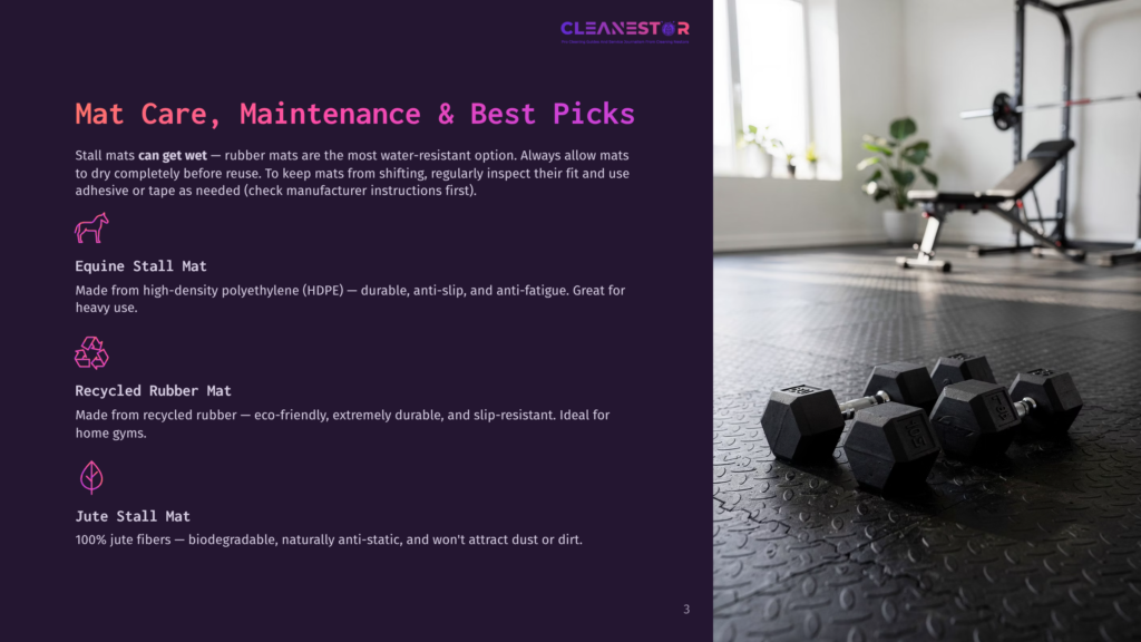 3 Mat Care Maintenance And Best Picks Dumbbells And Weight Plates Lie On A Black Rubber Gym Mat, With A Weight Bench And Rack In The Background. The Text &Quot;Cleanestor&Quot; Is Visible At The Top.