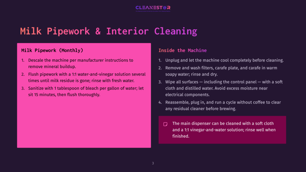 Cleanestor Logo At The Top. &Quot;Milk Pipework &Amp; Interior Cleaning&Quot; Title In Large Purple Text. Left Side Details Monthly Milk Pipework Cleaning Steps. Right Side Details Interior Machine Cleaning Steps.