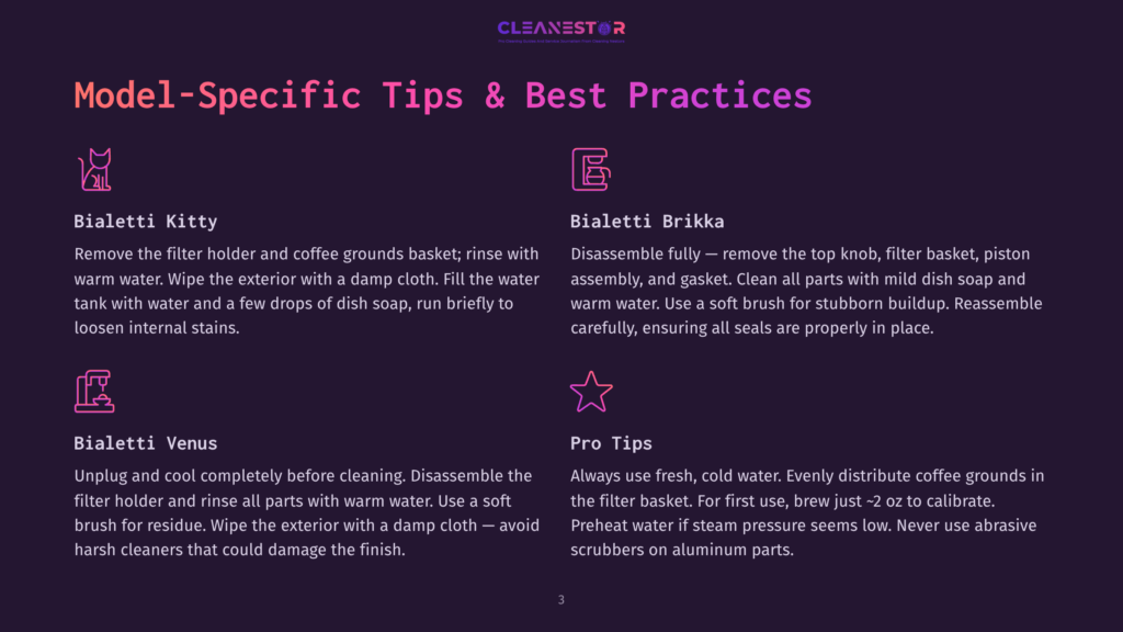 3 Model Specific Tips And Best Practices Cleanestor Logo At The Top Of A Dark Purple Background With White Text Displaying &Quot;Model-Specific Tips &Amp; Best Practices&Quot; And Sections On Bialetti Kitty, Bialetti Brikka, Bialetti Venus, And Pro Tips.