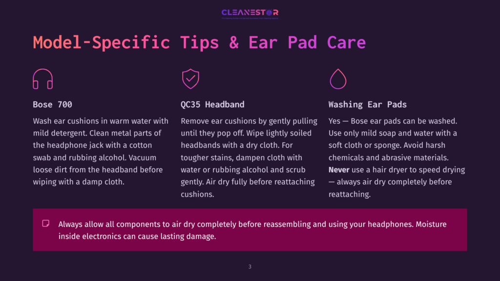 Graphic With Text &Quot;Cleanestor&Quot; And &Quot;Model-Specific Tips &Amp; Ear Pad Care.&Quot; Sections Detail Cleaning Bose 700 And Qc35 Headphones, And Washing Ear Pads.