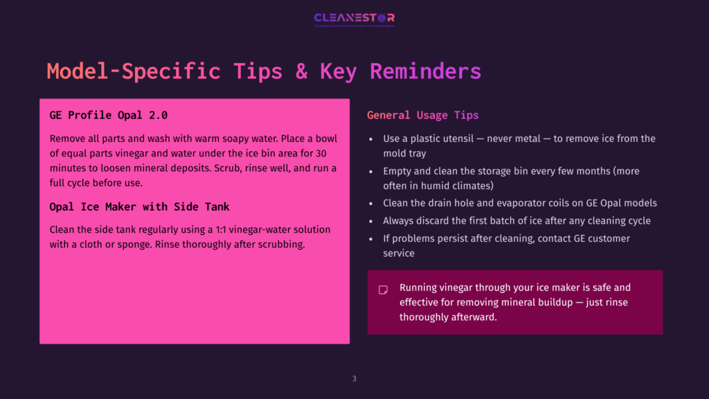3 Model Specific Tips And Key Reminders This Slide Provides Cleaning Instructions For Ge Profile Opal 2.0 Ice Makers, Detailing How To Clean Parts With Vinegar And Water And Clean The Side Tank.