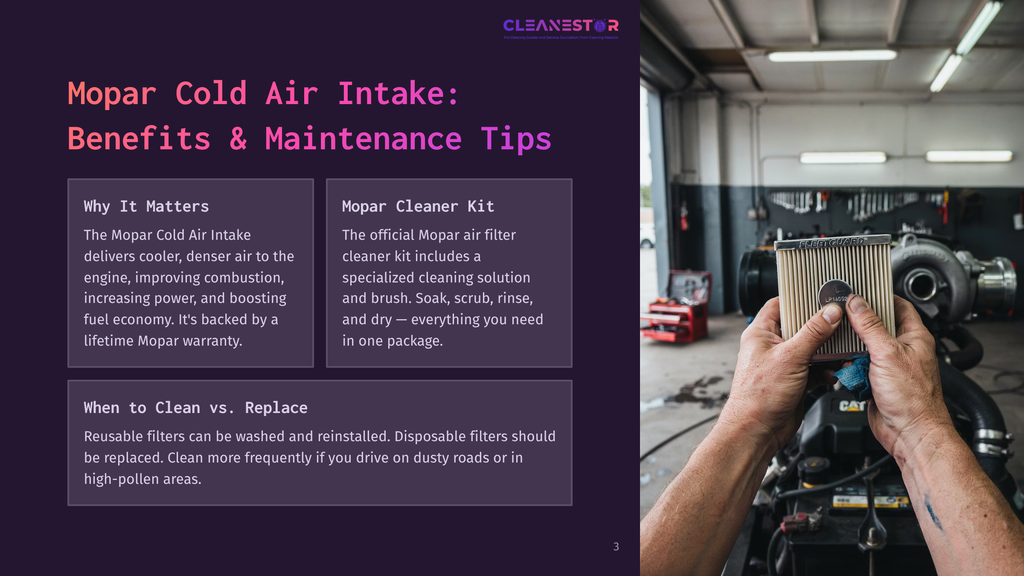 3 Mopar Cold Air Intake Benefits And Maintenance Tips Hands Hold A Mopar Cold Air Intake Filter, A Clean Air Filter With A White And Silver Element, In Front Of A Blurred Car Engine And Turbocharger.