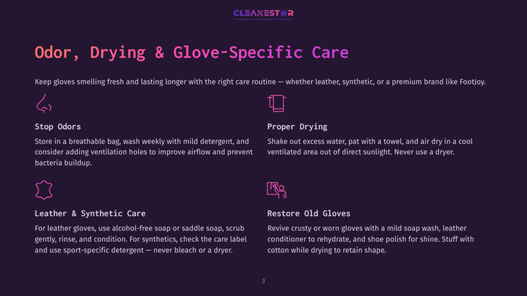 Cleanestor Graphic With Text On Odor, Drying, And Glove-Specific Care For Leather And Synthetic Gloves. Sections Include Stopping Odors, Proper Drying, And Restoring Old Gloves.