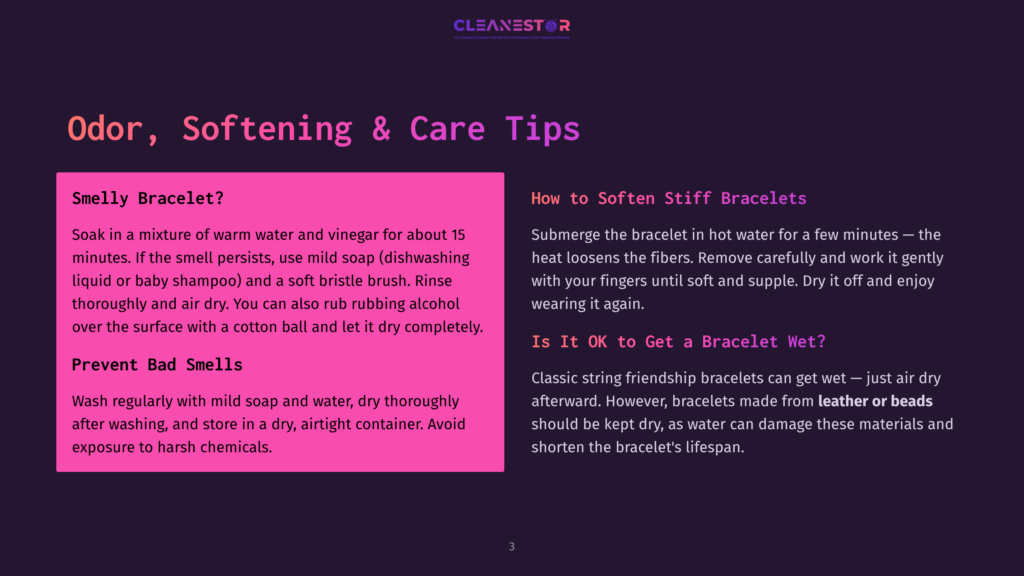 Cleanestor Branding With Text: &Quot;Odor, Softening &Amp; Care Tips&Quot;, &Quot;Smelly Bracelet?&Quot;, &Quot;Prevent Bad Smells&Quot;, &Quot;How To Soften Stiff Bracelets&Quot;, And &Quot;Is It Ok To Get A Bracelet Wet?&Quot;.