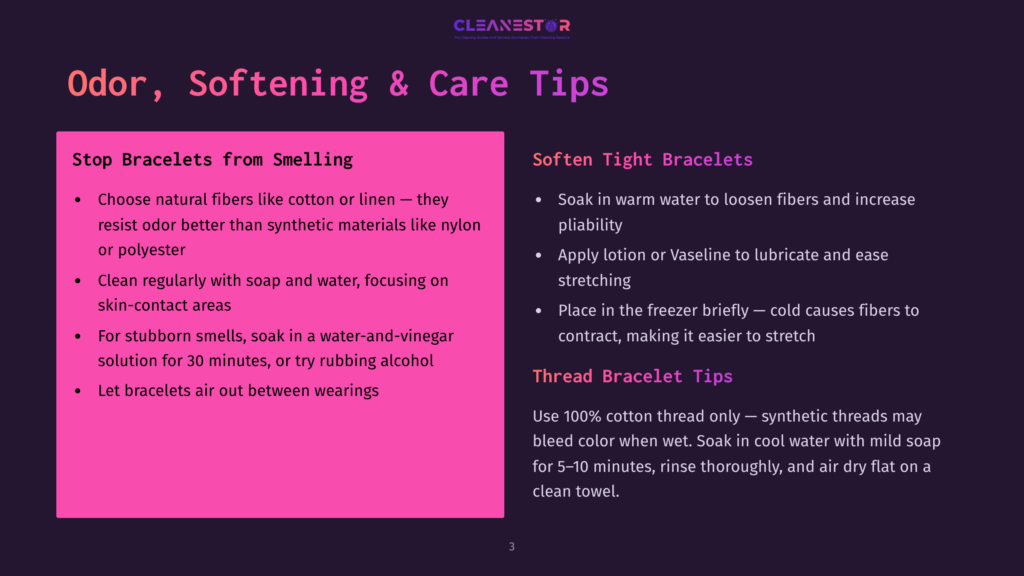 Cleanestor Presentation Slide On Odor, Softening, And Care Tips For Bracelets. Left Side Lists Tips For Stopping Bracelet Odor, Right Side Lists Tips For Softening Tight Bracelets.