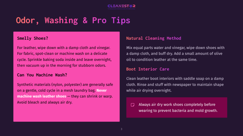3 Odor Washing And Pro Tips A Presentation Slide Titled &Quot;Odor, Washing &Amp; Pro Tips&Quot; With Advice On Cleaning Smelly Shoes, Including Natural Cleaning Methods With Vinegar And Saddle Soap, And Machine Washing Instructions For Synthetic Materials.