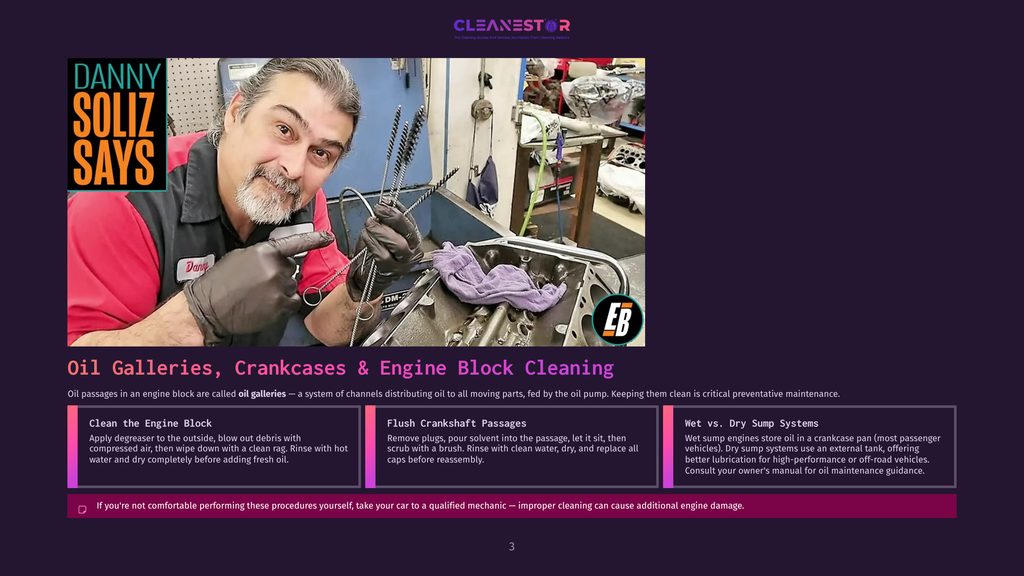 Danny Soliz Demonstrates Cleaning Engine Block Components, Holding Brushes Over A Disassembled Engine Part, With &Quot;Danny Soliz Says&Quot; And &Quot;Cleanestor&Quot; Text Visible.