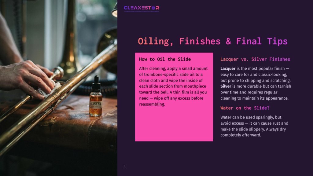 Close-Up Of A Person'S Hands Cleaning A Trombone Slide With A Cloth And A Bottle Of Slide Oil. The Text &Quot;Cleanestor&Quot; And &Quot;How To Oil The Slide&Quot; Are Visible.