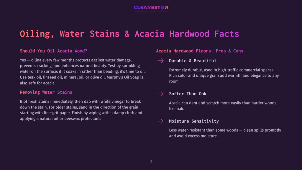 3 Oiling Water Stains And Acacia Hardwood Facts Infographic Detailing How To Oil And Remove Water Stains From Acacia Hardwood Floors, With Pros And Cons Of Acacia Wood.