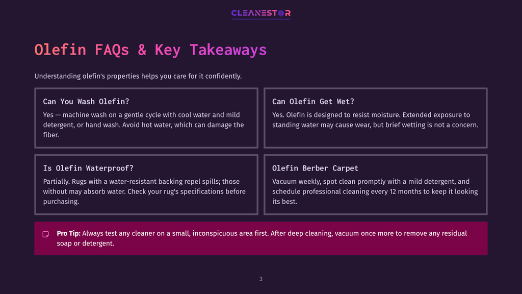 Infographic Titled &Quot;Olefin Faqs &Amp; Key Takeaways&Quot; With Sections On Washing, Drying, Waterproofing, And Berber Carpet Care For Olefin Rugs.