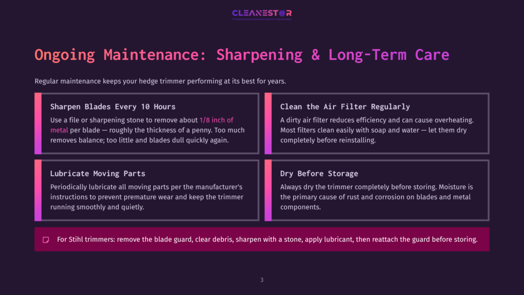 Graphic With Text About Ongoing Maintenance For Hedge Trimmers: Sharpening Blades, Cleaning Air Filter, Lubricating Moving Parts, And Dry Storage. Includes Instructions For Stihl Trimmers.