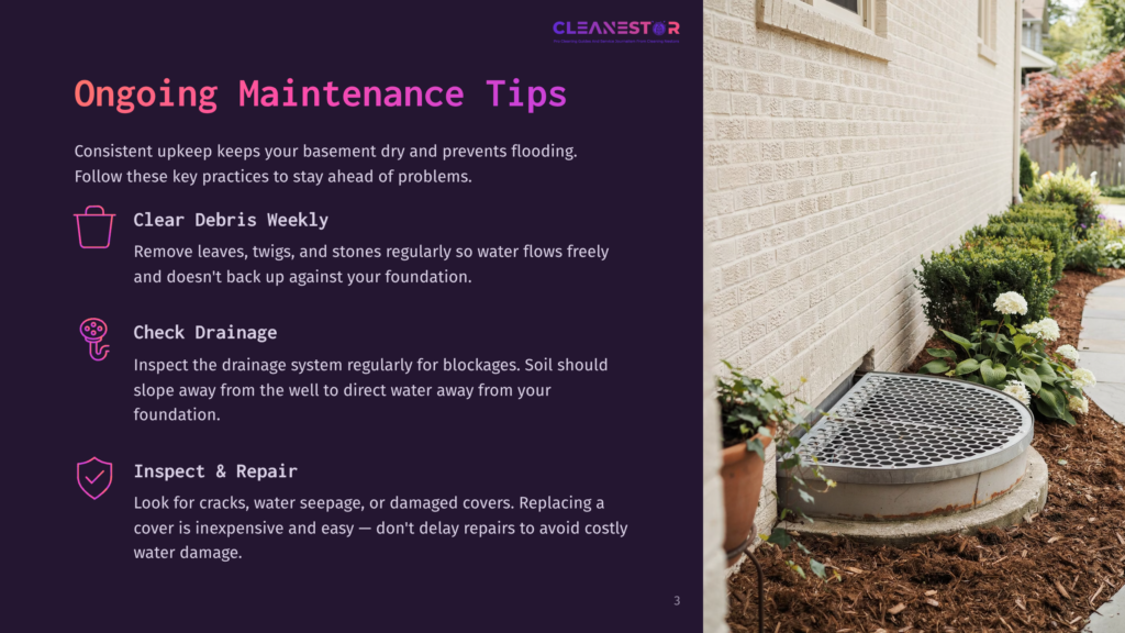 3 Ongoing Maintenance Tips A Basement Window Well With A Metal Grate Cover, Surrounded By Mulch And Green Bushes, With A Brick Wall In The Background. Text Overlay: &Quot;Ongoing Maintenance Tips - Cleanestor&Quot;.