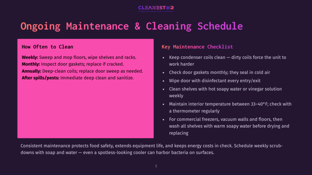 Cleanestor Ongoing Maintenance And Cleaning Schedule With A Checklist For Keeping Refrigerators Clean And Hygienic, Including Tasks Like Wiping Door Seals And Maintaining Interior Temperature.
