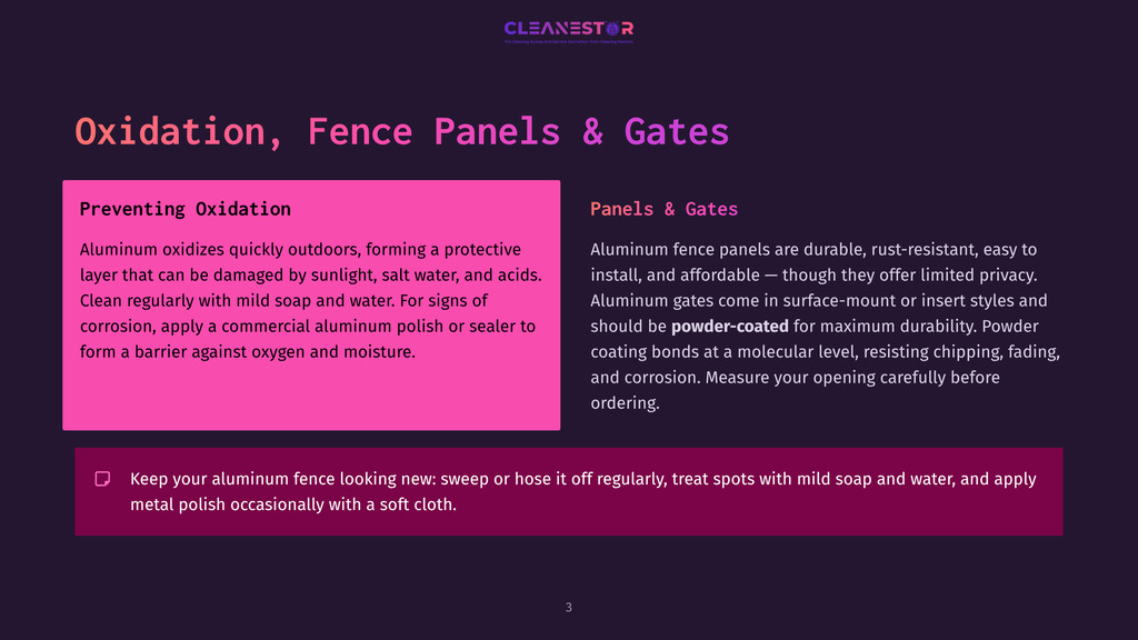 Cleanestor Logo With The Text &Quot;Cleanestor&Quot; And &Quot;Pro Cleaning Services And Surface Restoration Cleaning Experts&Quot; In White Text On A Dark Purple Background. Below The Logo, The Title &Quot;Oxidation, Fence Panels &Amp; Gates&Quot; Is Displayed In Large White Text.