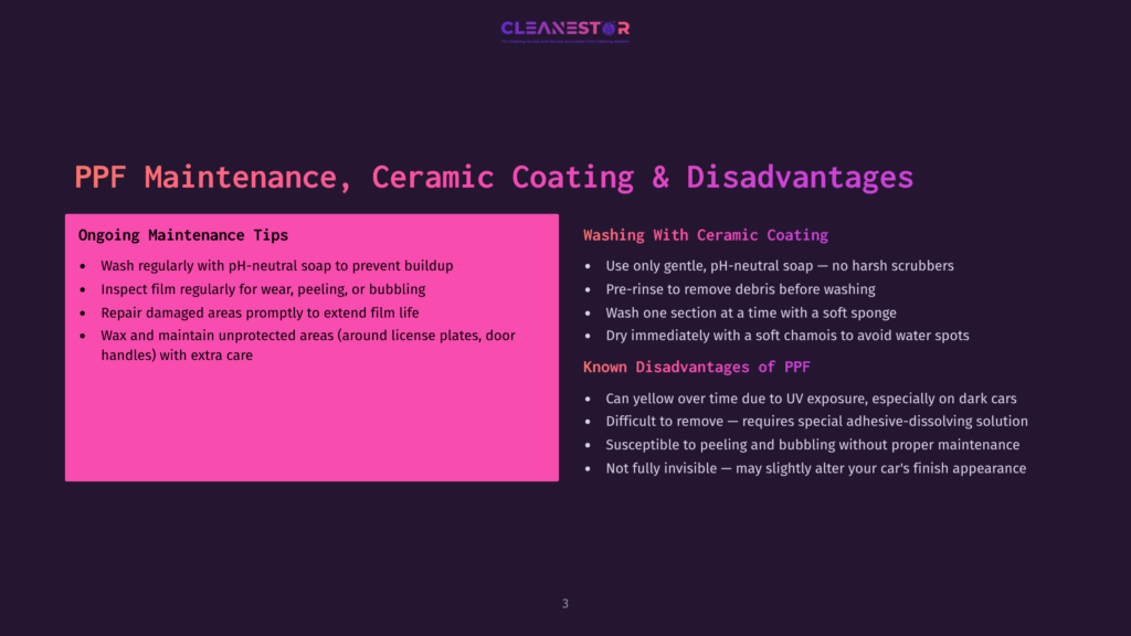 Presentation Slide Titled &Quot;Ppf Maintenance, Ceramic Coating &Amp; Disadvantages&Quot; With Bullet Points On Ongoing Maintenance Tips For Ppf And Washing With Ceramic Coating, And Known Disadvantages Of Ppf.