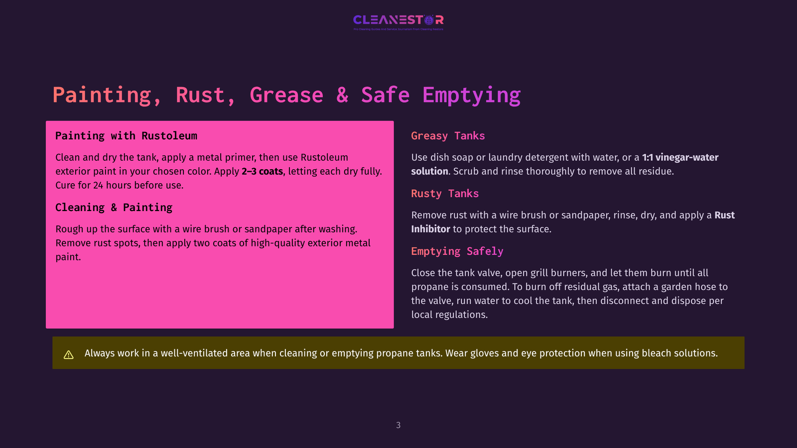 3 Painting Rust Grease And Safe Emptying Instructions For Painting, Rust, Grease, And Safe Emptying Of A Metal Primer, With Steps For Cleaning And Painting With Rustoleum, And Instructions For Safely Emptying Propane Tanks.