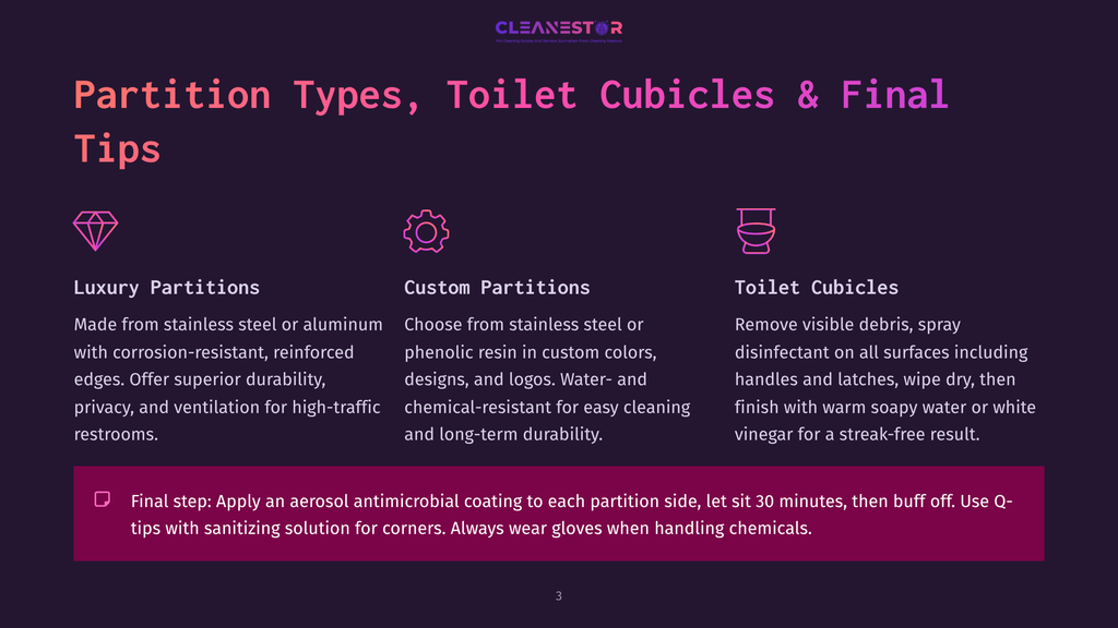 Illustration Showcasing Three Types Of Partitions And Cubicles: Luxury Partitions, Custom Partitions, And Toilet Cubicles, With Accompanying Descriptions And Tips.
