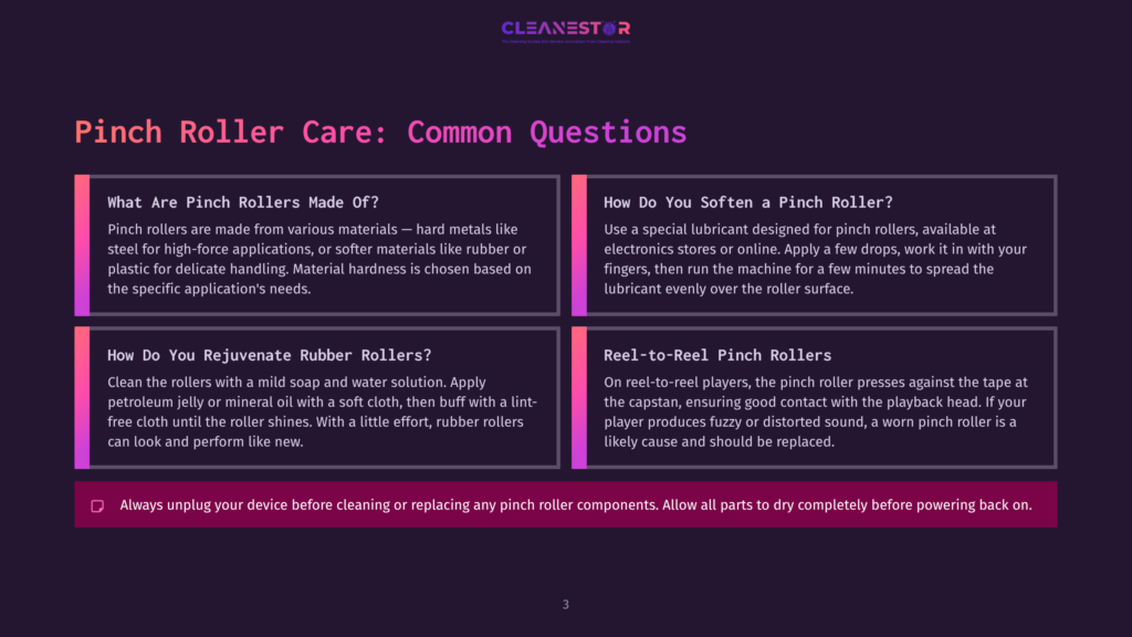 Image Of A Dark Purple Background With Four White Boxes Containing Text About Pinch Roller Care. The Text Includes &Quot;What Are Pinch Rollers Made Of?&Quot;, &Quot;How Do You Soften A Pinch Roller?&Quot;, &Quot;How Do You Rejuvenate Rubber Rollers?&Quot;, And &Quot;Reel-To-Reel Pinch Rollers&Quot;.