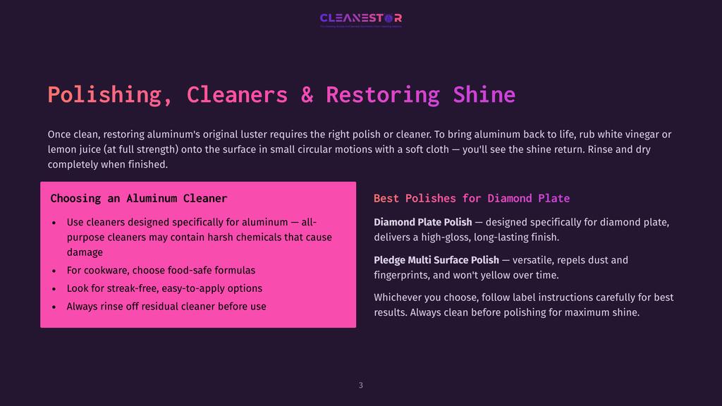 A Dark Purple Screen With The Title &Quot;Cleanestor&Quot; At The Top, Followed By &Quot;Polishing, Cleaners &Amp; Restoring Shine.&Quot; The Left Side Lists &Quot;Choosing An Aluminum Cleaner&Quot; With Bullet Points, While The Right Side Lists &Quot;Best Polishes For Diamond Plate.