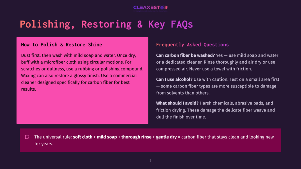 A Dark Purple Slide With The Title &Quot;Polishing, Restoring &Amp; Key Faqs&Quot; Overlays A Section Titled &Quot;How To Polish &Amp; Restore Shine&Quot; With Instructions And A Section Titled &Quot;Frequently Asked Questions&Quot; With Questions About Cleaning Carbon Fiber.