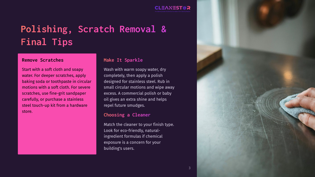 Hand Gently Polishing A Stainless Steel Countertop With A Cloth, Removing Scratches And Smudges For A Clean, Shiny Finish.