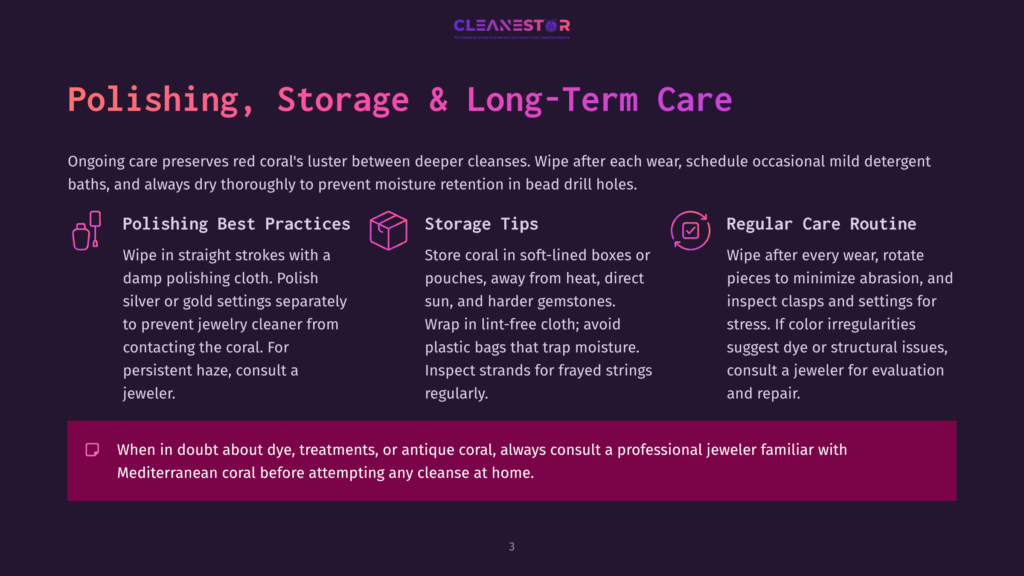 Infographic On Polishing, Storage, And Long-Term Care For Red Coral Jewelry, Featuring Tips For Cleaning, Storage, And Regular Maintenance.