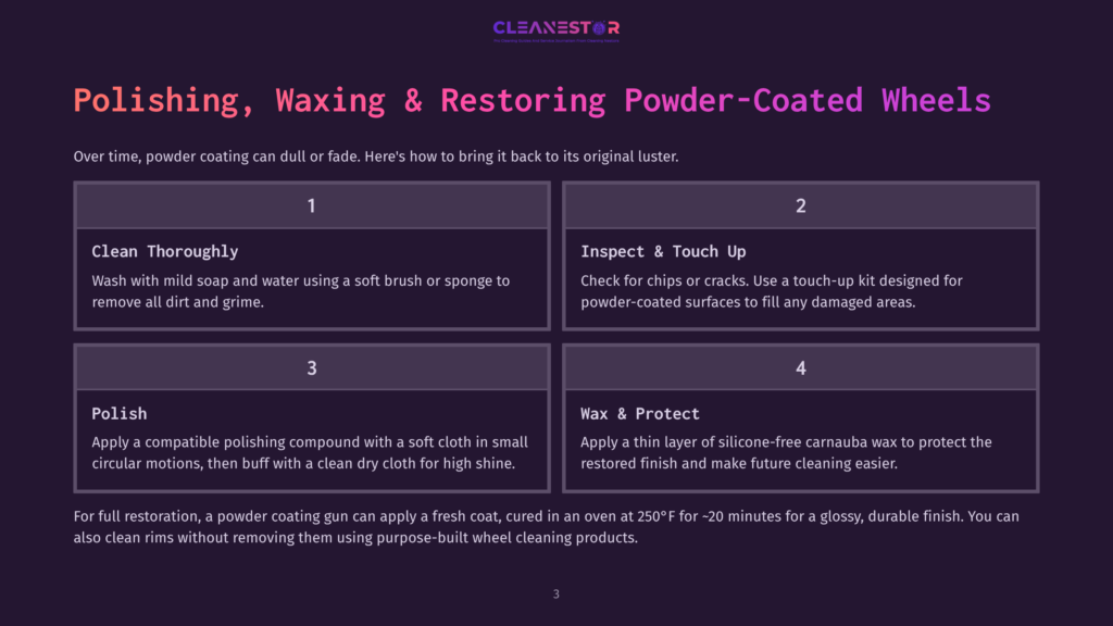 3 Polishing Waxing And Restoring Powder Coated Wheels Infographic Detailing The Four Steps For Polishing, Waxing, And Restoring Powder-Coated Wheels: Clean Thoroughly, Inspect &Amp; Touch Up, Polish, And Wax &Amp; Protect.