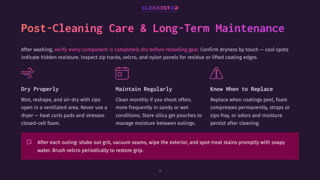 Post-Cleaning Care And Long-Term Maintenance Tips For Gear, Featuring Icons For Drying, Cleaning, And Replacement. Text Emphasizes Drying Thoroughly, Cleaning Monthly, And Knowing When To Replace Items.