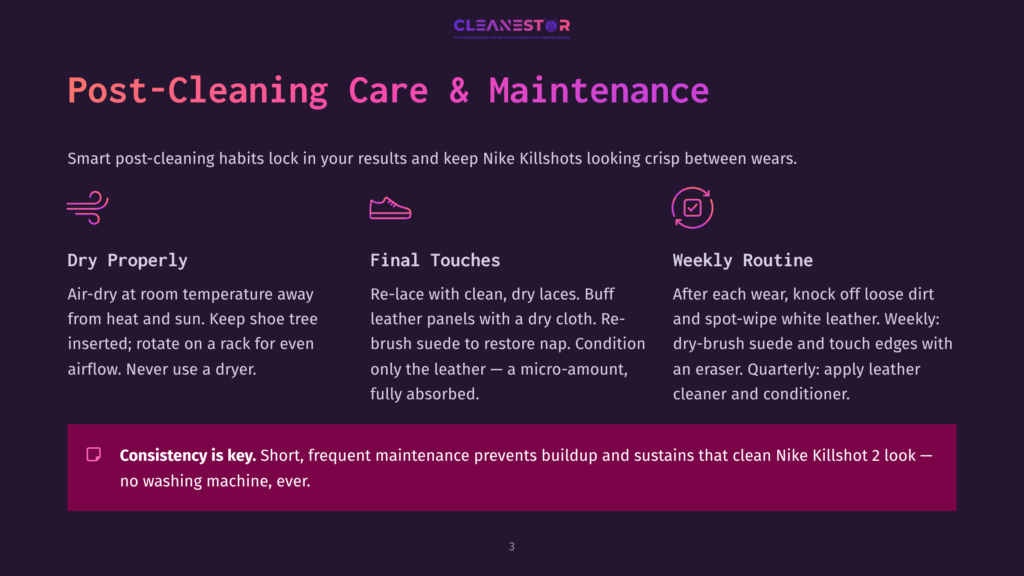 Cleanestor Logo And &Quot;Post-Cleaning Care &Amp; Maintenance&Quot; Text. Below Are Three Icons With Text: &Quot;Dry Properly&Quot; With Air-Drying Instructions, &Quot;Final Touches&Quot; With Re-Lacing And Buffing Advice, And &Quot;Weekly Routine&Quot; With Cleaning Tips. A Final Note Emphasizes &Quot;Consistency Is Key.