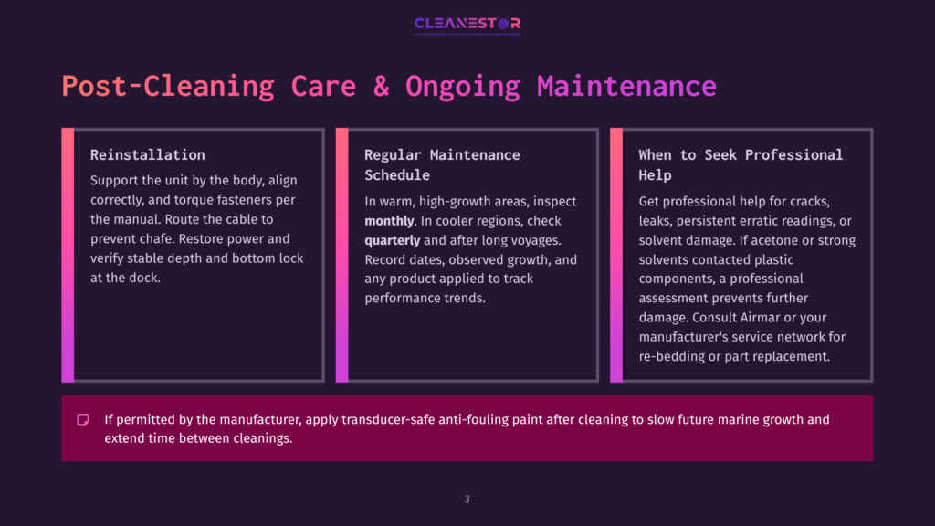 Three Columns Detail Post-Cleaning Care And Ongoing Maintenance For Boat Hulls: Reinstallation, Regular Maintenance Schedule, And When To Seek Professional Help. Text Emphasizes Proper Installation, Monthly Inspections, And Seeking Expert Advice For Repairs.