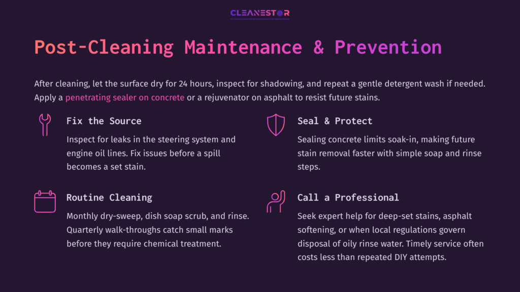 Infographic Titled &Quot;Post-Cleaning Maintenance &Amp; Prevention&Quot; With Four Quadrants: &Quot;Fix The Source&Quot; (Leaks), &Quot;Seal &Amp; Protect&Quot; (Concrete Sealing), &Quot;Routine Cleaning&Quot; (Sweeping, Scrubbing), And &Quot;Call A Professional&Quot; (Deep Stains). The Cleanestor Logo Is At The Top.