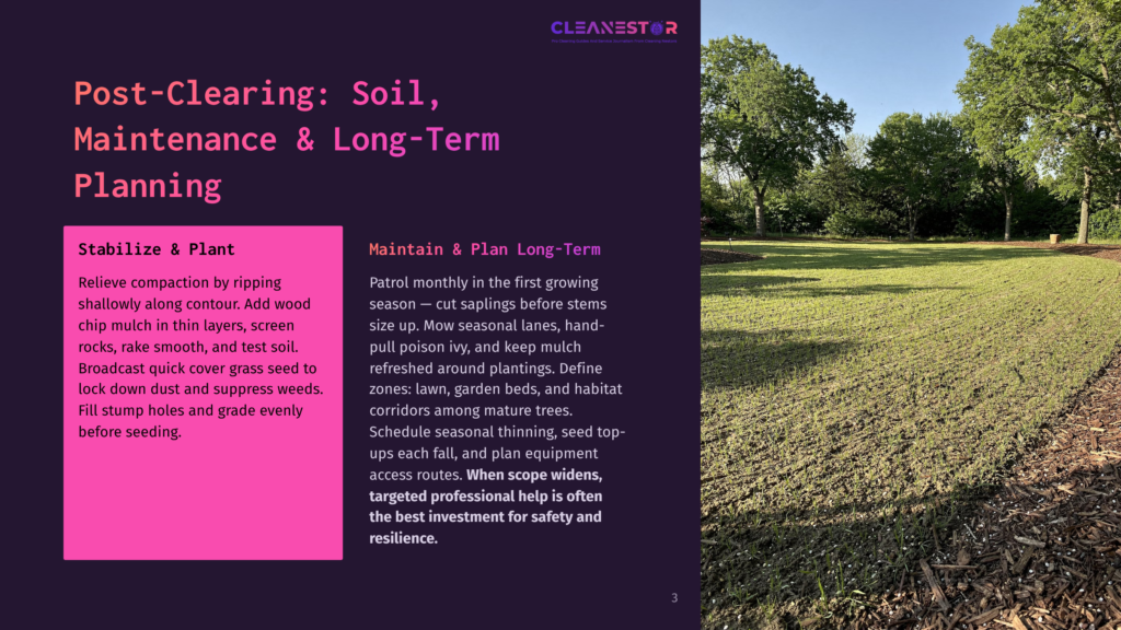 3 Post Clearing Soil Maintenance And Long Term Planning A Freshly Mulched Lawn Area With A Slight Slope, Bordered By Trees And Green Grass, Suggesting Post-Clearing Maintenance And Long-Term Planning For Lawn Care.
