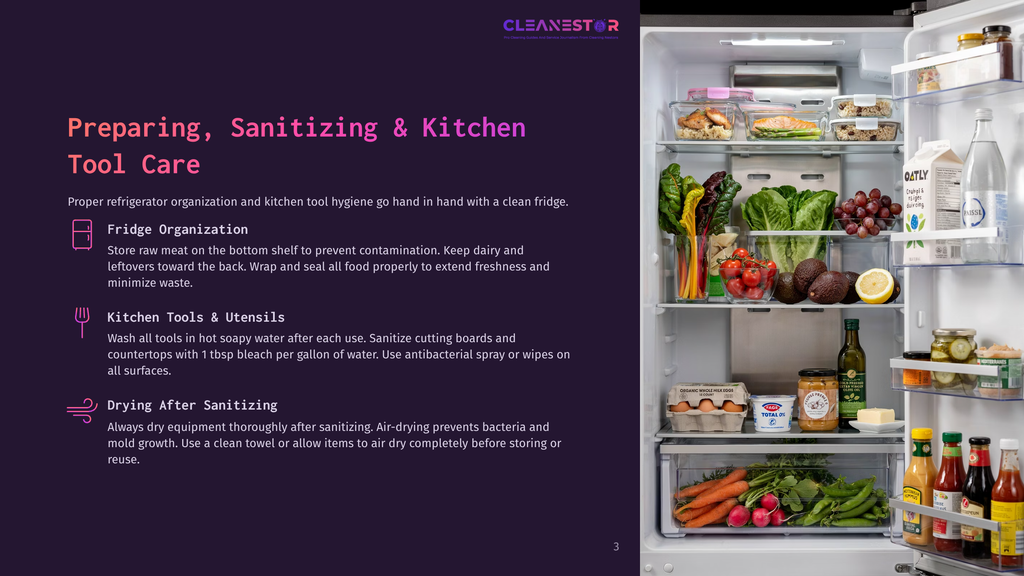 An Open Refrigerator Is Filled With Fresh Produce, Dairy Products, And Prepared Meals In Glass Containers. The Shelves Are Organized With Items Like Lettuce, Grapes, Avocados, Eggs, Carrots, And Bottles Of Olive Oil And Oat Milk. The Text &Quot;Cleanestor&Quot; Is Visible At The Top Of The Refrigerator Door.