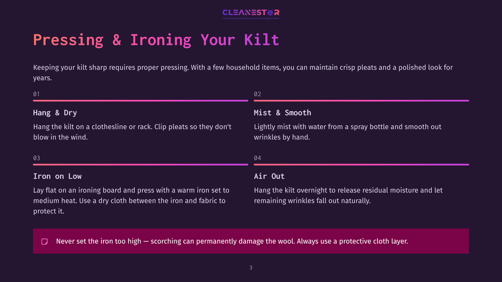 The Cleanestor Logo Is Displayed At The Top Of A Dark Purple Graphic With Text Detailing How To Press And Iron A Kilt. Sections Include &Quot;Hang &Amp; Dry,&Quot; &Quot;Mist &Amp; Smooth,&Quot; &Quot;Iron On Low,&Quot; And &Quot;Air Out,&Quot; With A Warning About High Heat.