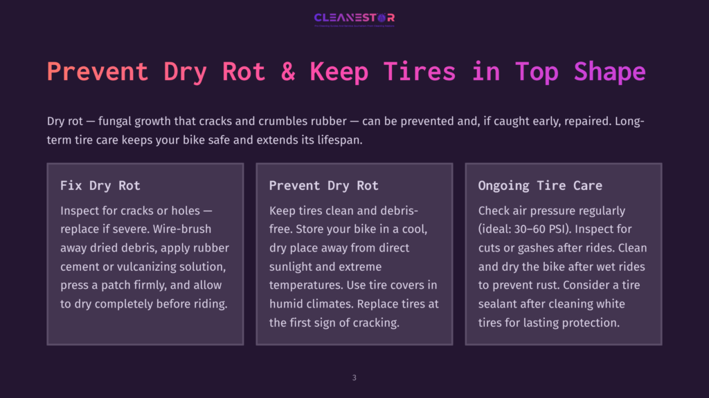 Slide With Text: &Quot;Prevent Dry Rot &Amp; Keep Tires In Top Shape.&Quot; Three Columns Detail: &Quot;Fix Dry Rot,&Quot; &Quot;Prevent Dry Rot,&Quot; And &Quot;Ongoing Tire Care.