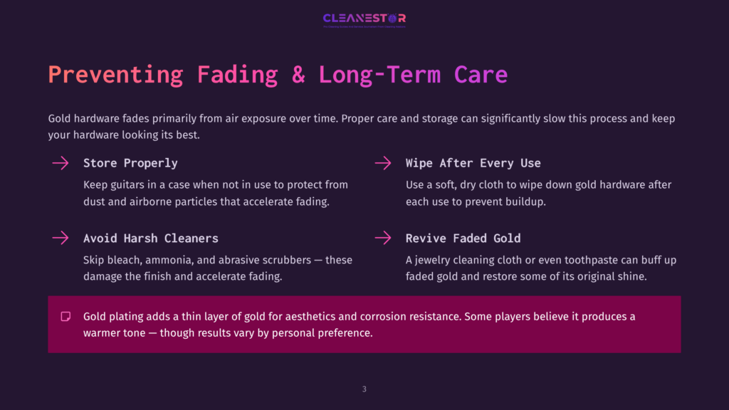 Infographic Titled &Quot;Preventing Fading &Amp; Long-Term Care&Quot; For Gold Hardware, With Tips On Proper Storage, Avoiding Harsh Cleaners, Wiping After Every Use, And Reviving Faded Gold.
