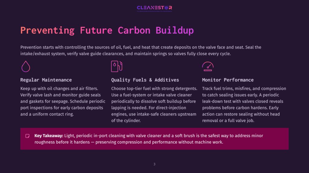 Preventing Future Carbon Buildup: Regular Maintenance, Quality Fuels &Amp; Additives, And Performance Monitoring Are Key. Includes Icons For Each. Text Highlights Periodic In-Port Cleaning.