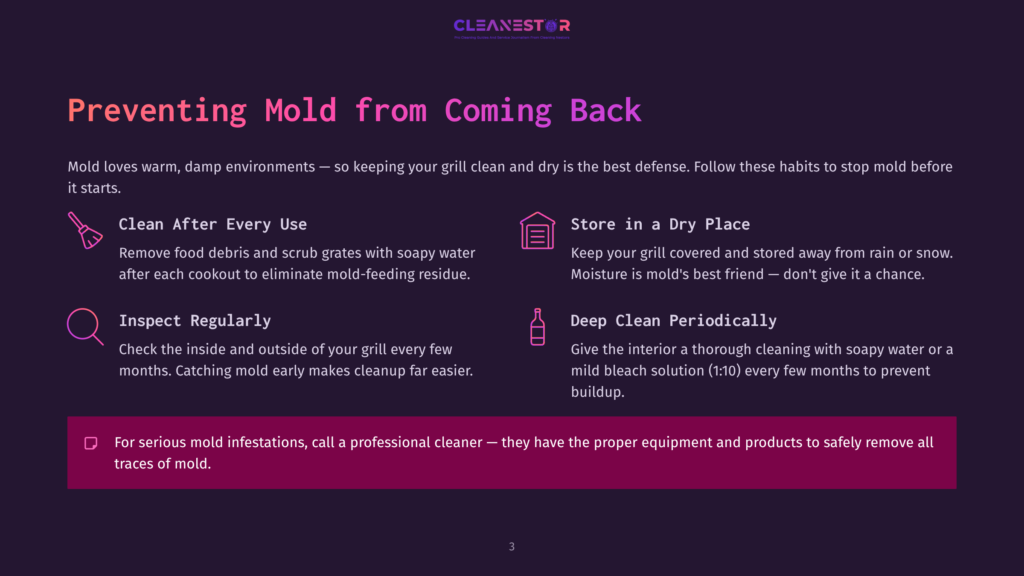 Cleanestor Logo With Text: &Quot;Preventing Mold From Coming Back.&Quot; Tips Include: &Quot;Clean After Every Use,&Quot; &Quot;Inspect Regularly,&Quot; &Quot;Store In A Dry Place,&Quot; And &Quot;Deep Clean Periodically.