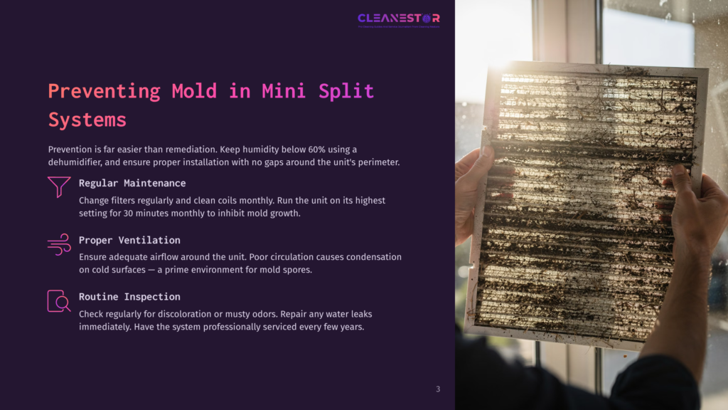 3 Preventing Mold In Mini Split Systems A Person'S Hands Hold A Dirty, Clogged Air Filter From A Mini-Split System, Preventing Mold Growth.