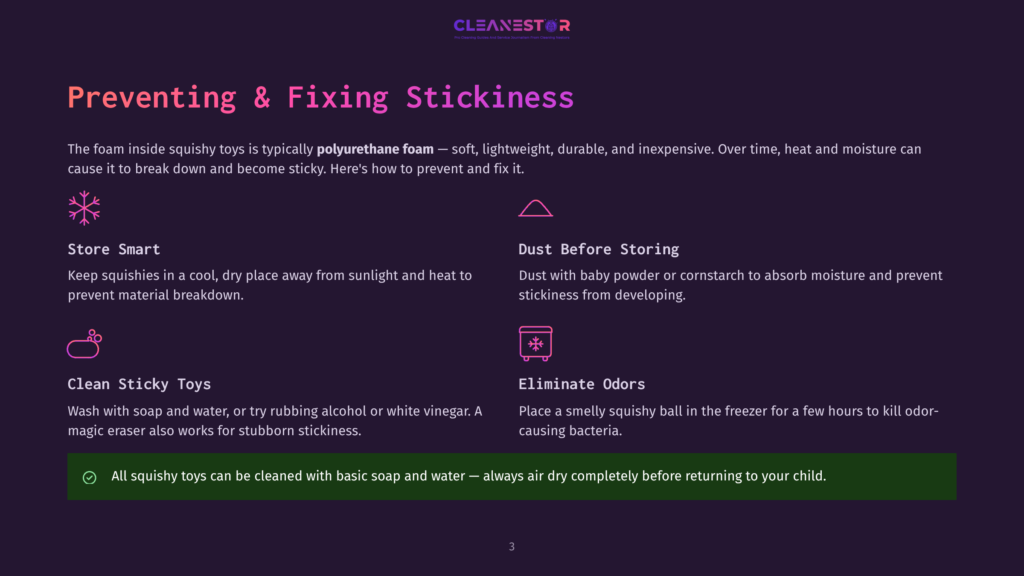 3 Preventing And Fixing Stickiness Preventing &Amp; Fixing Stickiness: A Guide To Cleaning And Maintaining Squishy Toys, Featuring Tips Like &Quot;Store Smart,&Quot; &Quot;Dust Before Storing,&Quot; &Quot;Clean Sticky Toys,&Quot; And &Quot;Eliminate Odors.