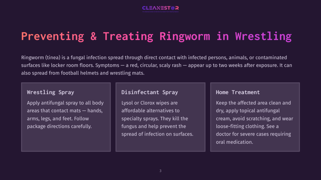 Infographic With Three Sections Titled &Quot;Wrestling Spray,&Quot; &Quot;Disinfectant Spray,&Quot; And &Quot;Home Treatment&Quot; On A Purple Background. It Provides Information On Preventing And Treating Ringworm In Wrestling.