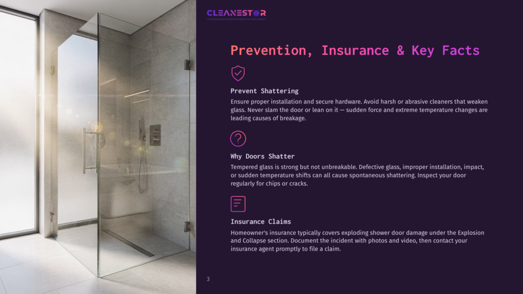 3 Prevention Insurance And Key Facts A Modern, Spacious Glass Shower Enclosure With A Sleek Metal Handle, Bathed In Warm Sunlight Streaming From The Left. Text Overlay: &Quot;Cleanestor Prevention, Insurance &Amp; Key Facts&Quot;.