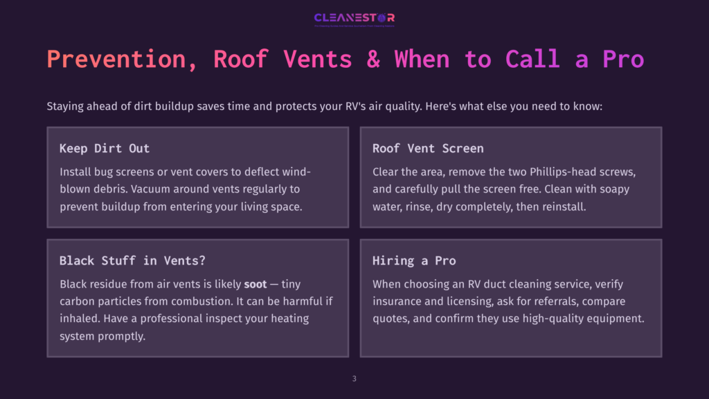 3 Prevention Roof Vents And When To Call A Pro Cleanestor Rv Duct Cleaning Services: &Quot;Prevention, Roof Vents &Amp; When To Call A Pro&Quot; Infographic With Tips On Keeping Rv Vents Clean, Checking For Soot, And Hiring A Professional.