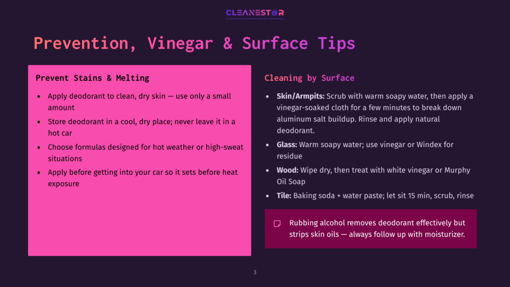 A Slide Titled &Quot;Prevention, Vinegar &Amp; Surface Tips&Quot; With Sections On Preventing Stains &Amp; Melting And Cleaning By Surface. It Offers Advice On Deodorant, Car Care, And Cleaning Various Surfaces Like Skin, Glass, And Tile.