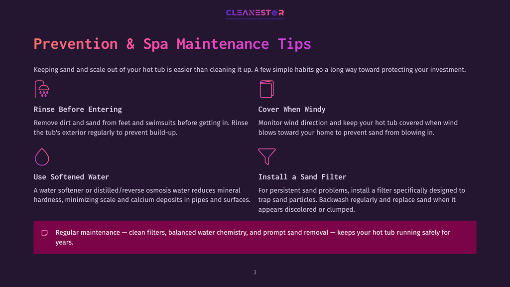 3 Prevention And Spa Maintenance Tips Infographic Titled &Quot;Prevention &Amp; Spa Maintenance Tips&Quot; With Icons And Text Detailing Hot Tub Care, Including Rinsing Before Entering, Covering When Windy, Using Softened Water, And Installing A Sand Filter.