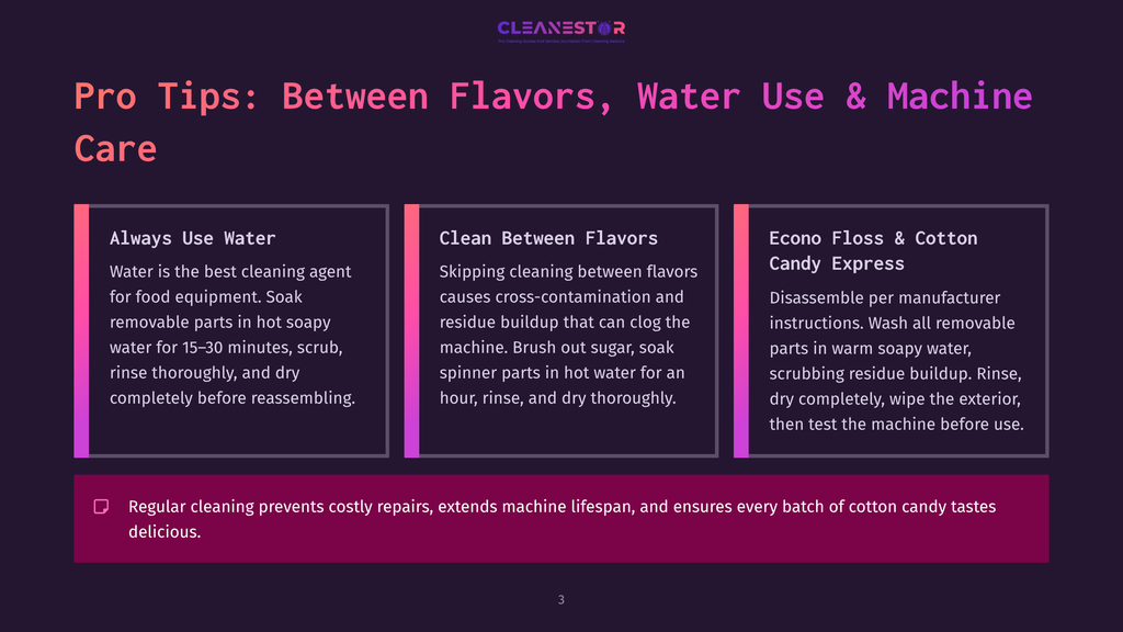 Pro Tips: Between Flavors, Water Use &Amp; Machine Care. Three Sections Detail Cleaning Advice: Always Use Water, Clean Between Flavors, And Econo Floss &Amp; Cotton Candy Express. A Note About Regular Cleaning Preventing Costly Repairs Is Also Present.