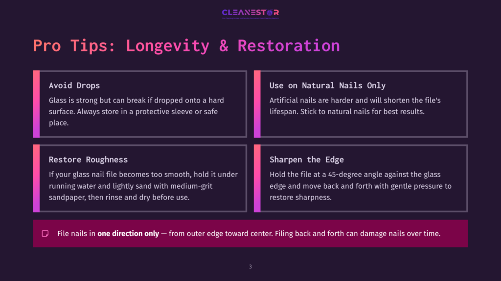 Infographic With &Quot;Pro Tips: Longevity &Amp; Restoration&Quot; Title, Detailing How To Care For Glass Nail Files. Tips Include Avoiding Drops, Using Natural Nails, Restoring Roughness, And Sharpening The Edge, With A Final Note To File In One Direction Only.